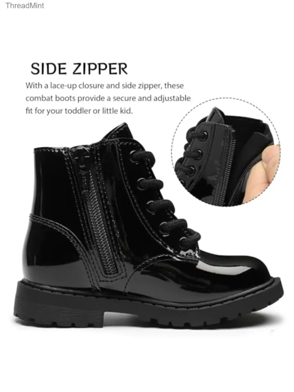 Girls Faux Leather Combat Ankle Boots with Side Zipper, Waterproof, Low Heel